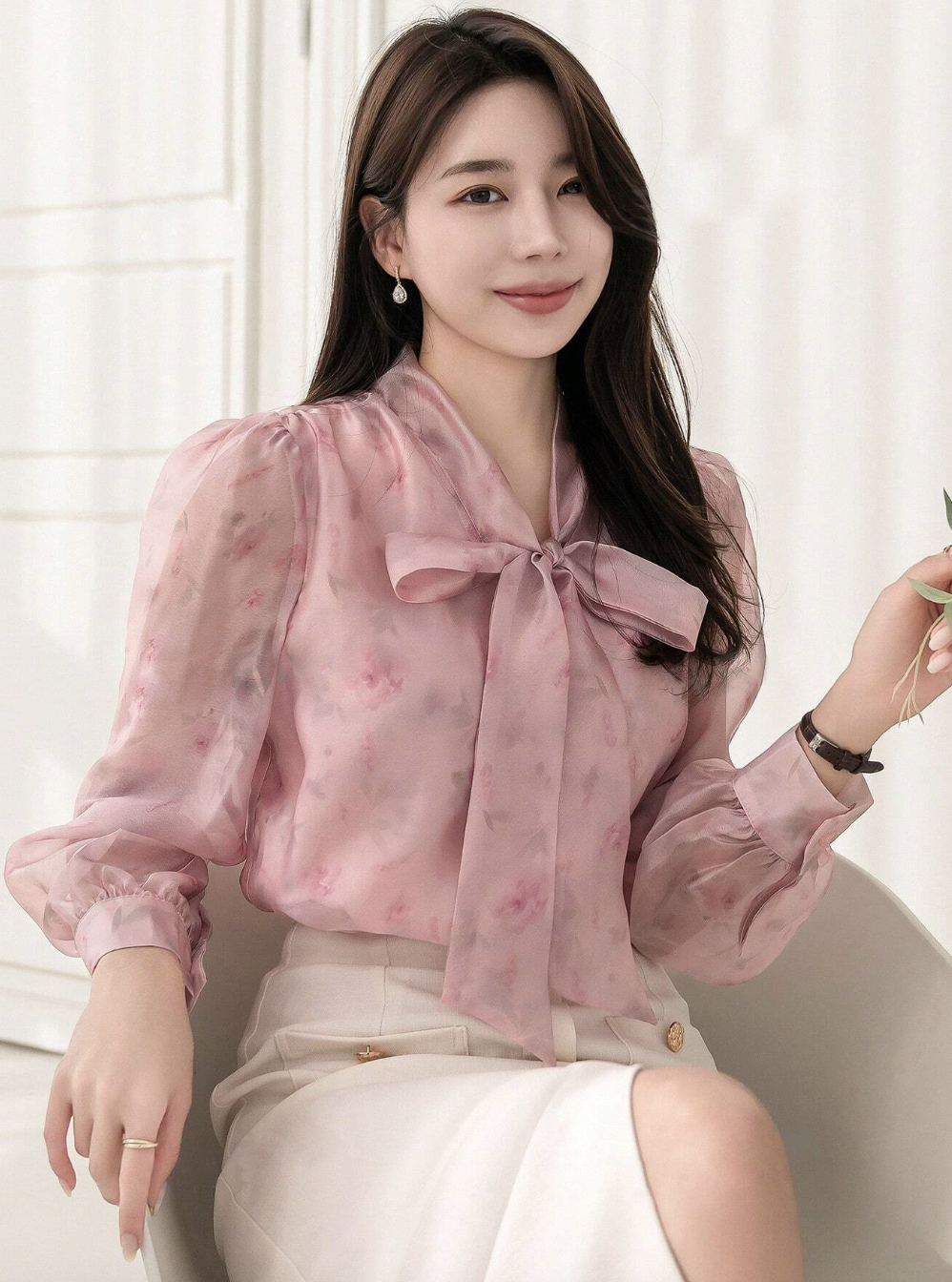 Floral Print Collar Bow Tie Design Long Sleeve T-shirt