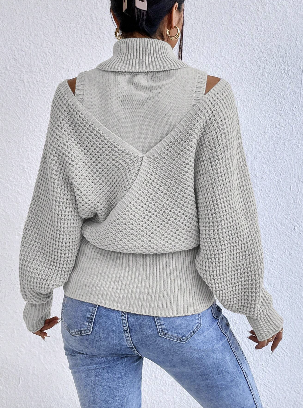 Solid Color High Neck Cold-Shoulder Wrap Batwing Sleeve Sweater