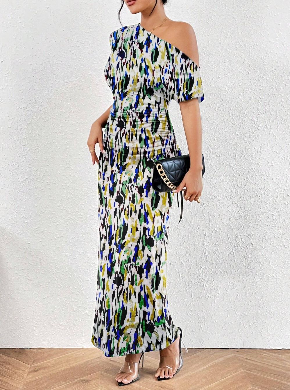 Irregular Collar Tie-dye Bodycon Dress With Off The Shoulder