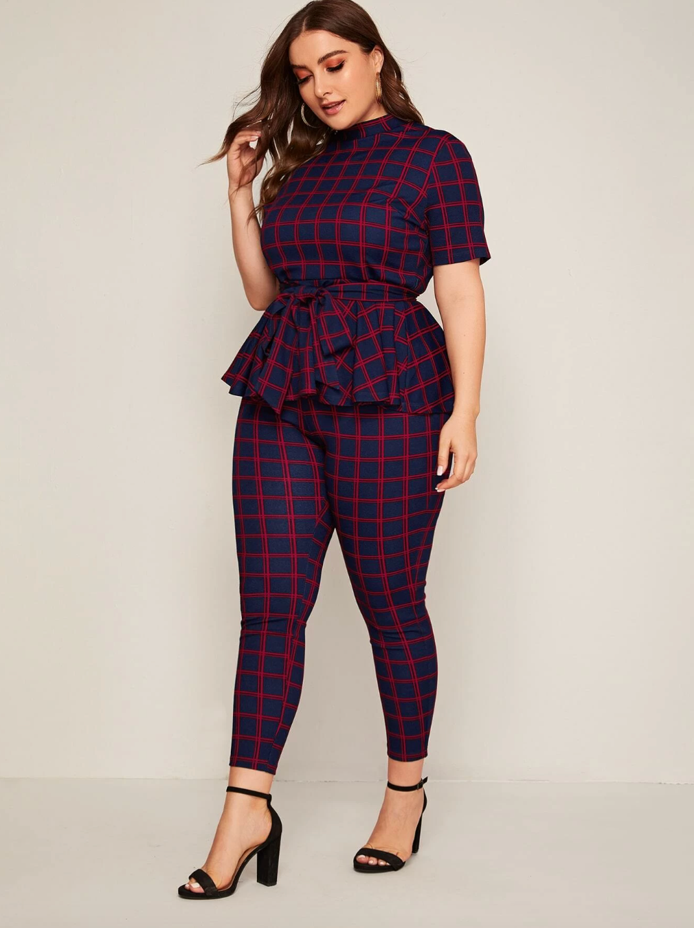 Plus Size Mock Neck Belted Plaid Top & Leggings Set