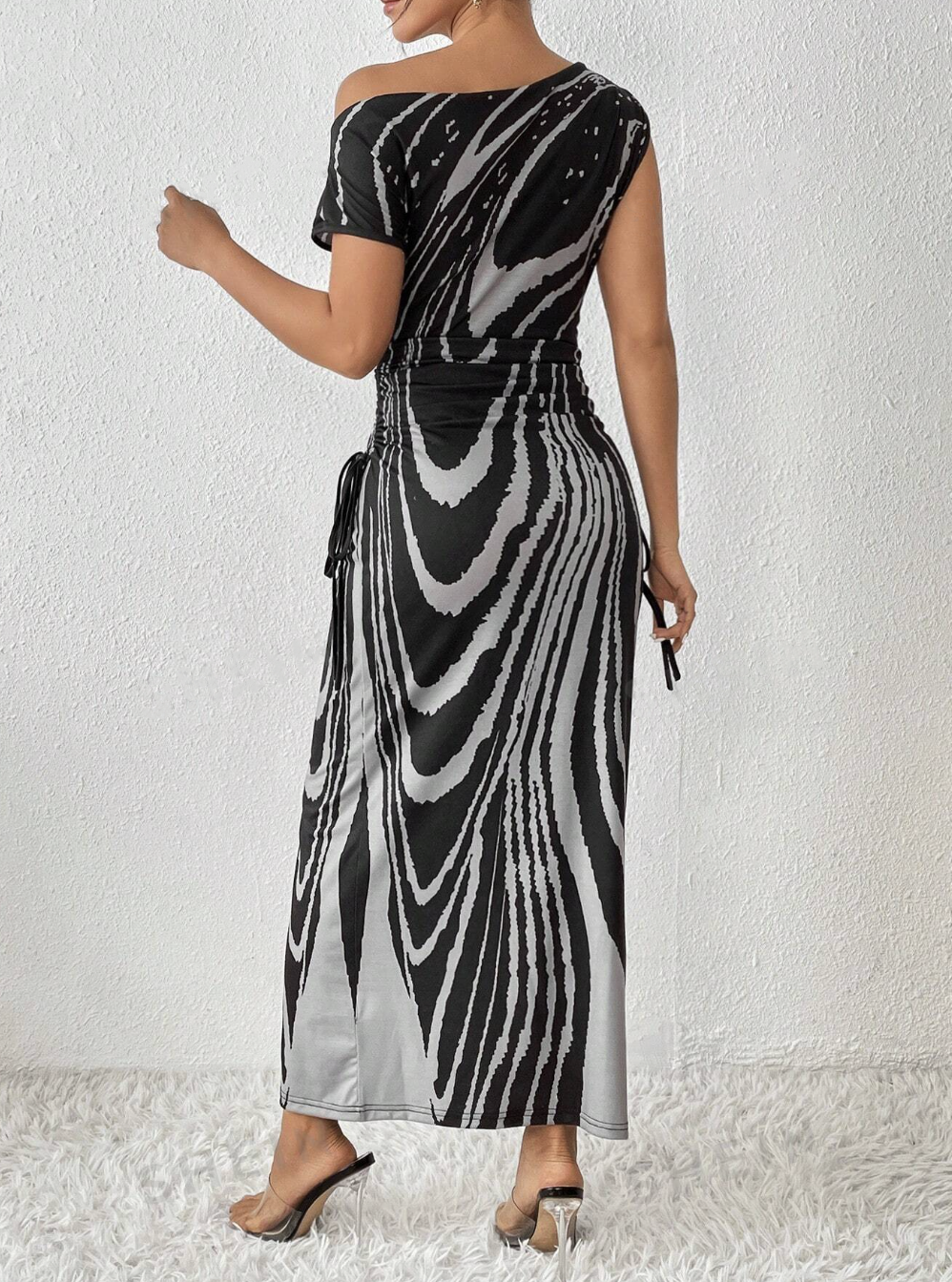 Allover Print Asymmetrical Offshoulder Dress