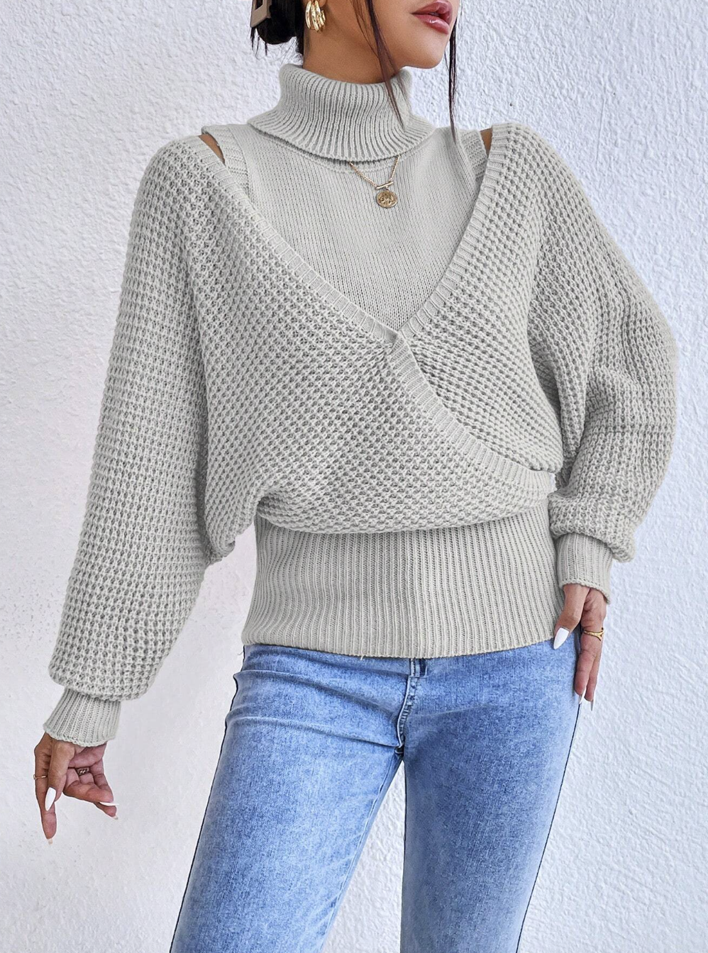 Solid Color High Neck Cold-Shoulder Wrap Batwing Sleeve Sweater