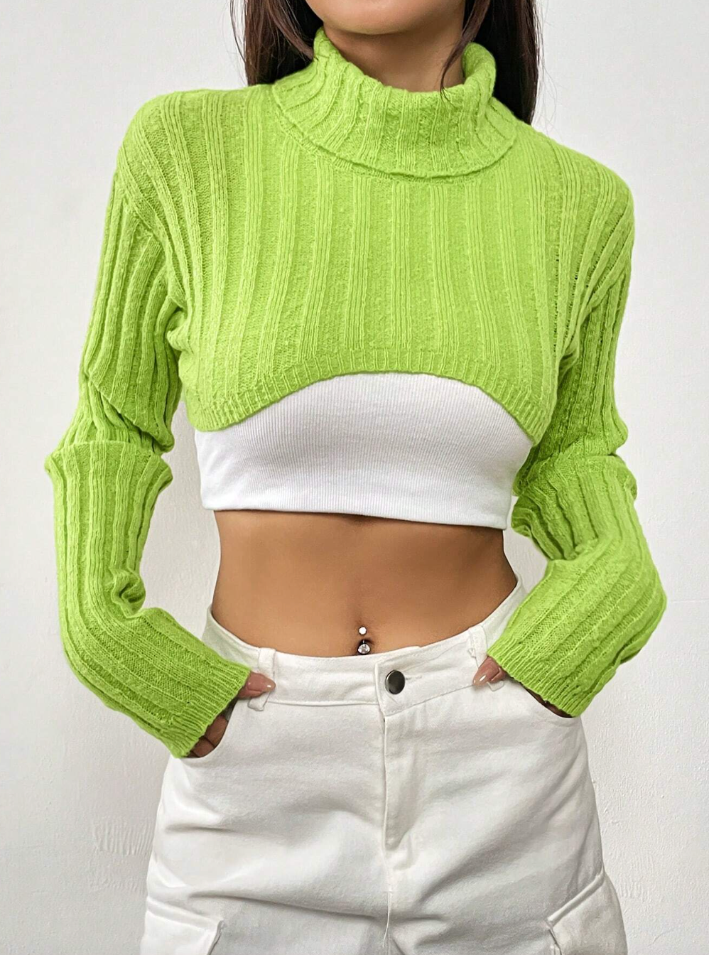 Solid Color High-neck Cropped Sweater