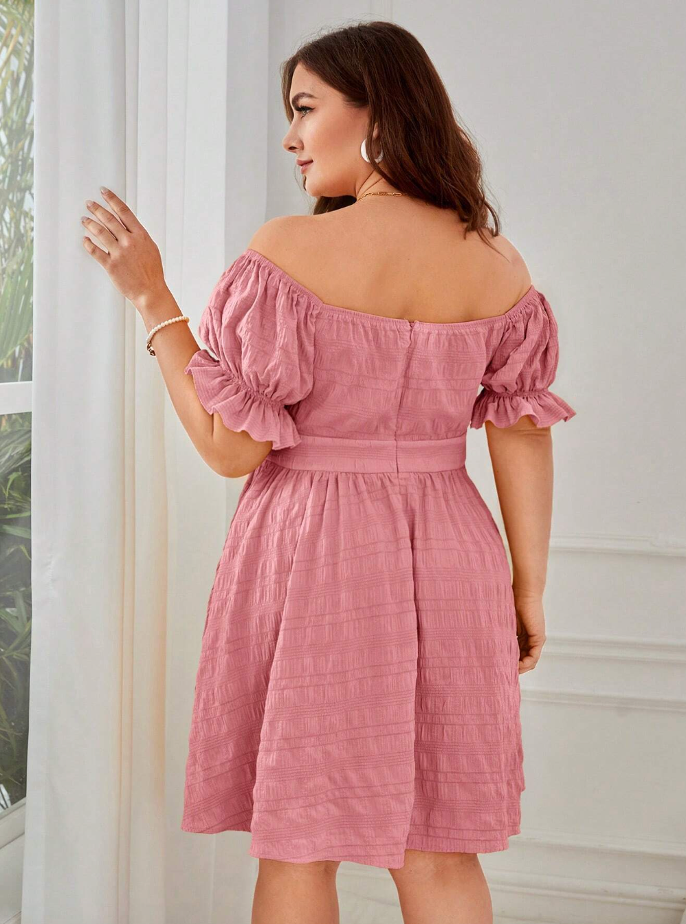 Plus Size Solid Color One Shoulder Dress With Hollow Out Design