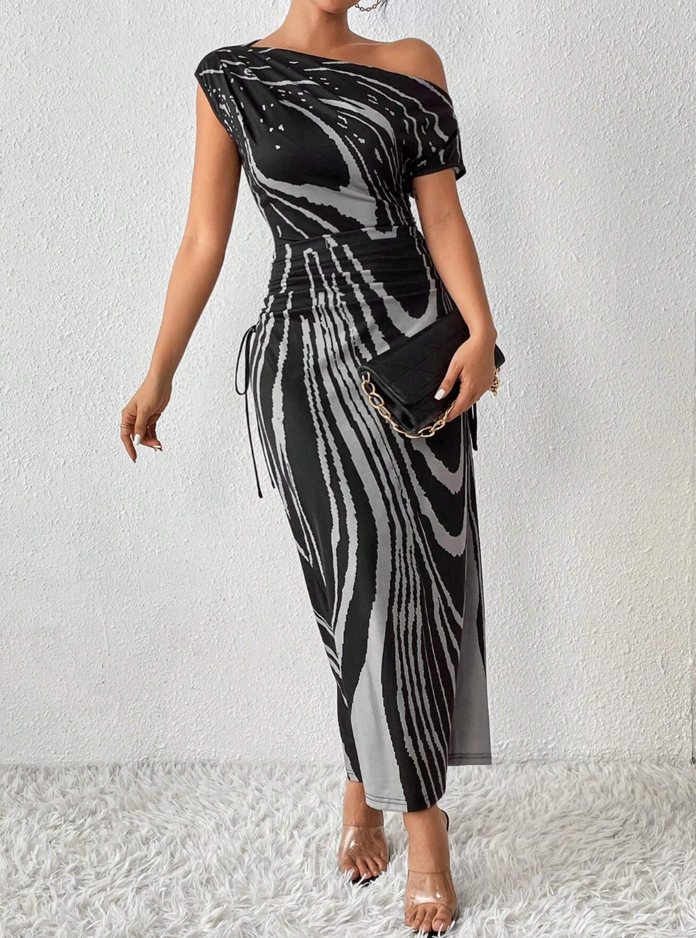 Allover Print Asymmetrical Offshoulder Dress