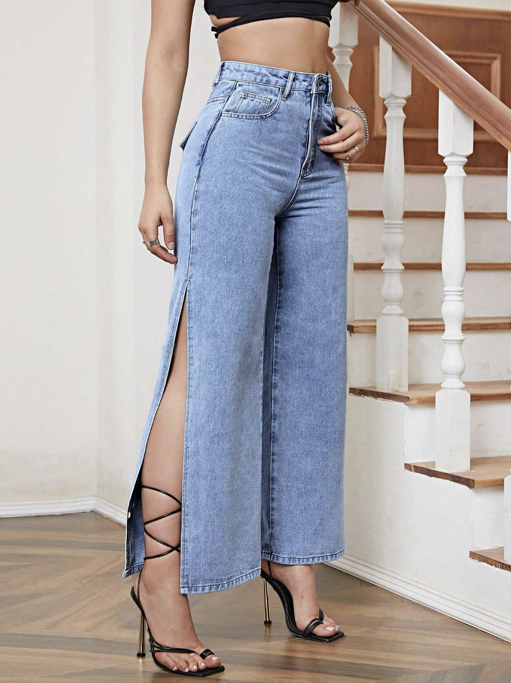 Solid Split Thigh Jeans