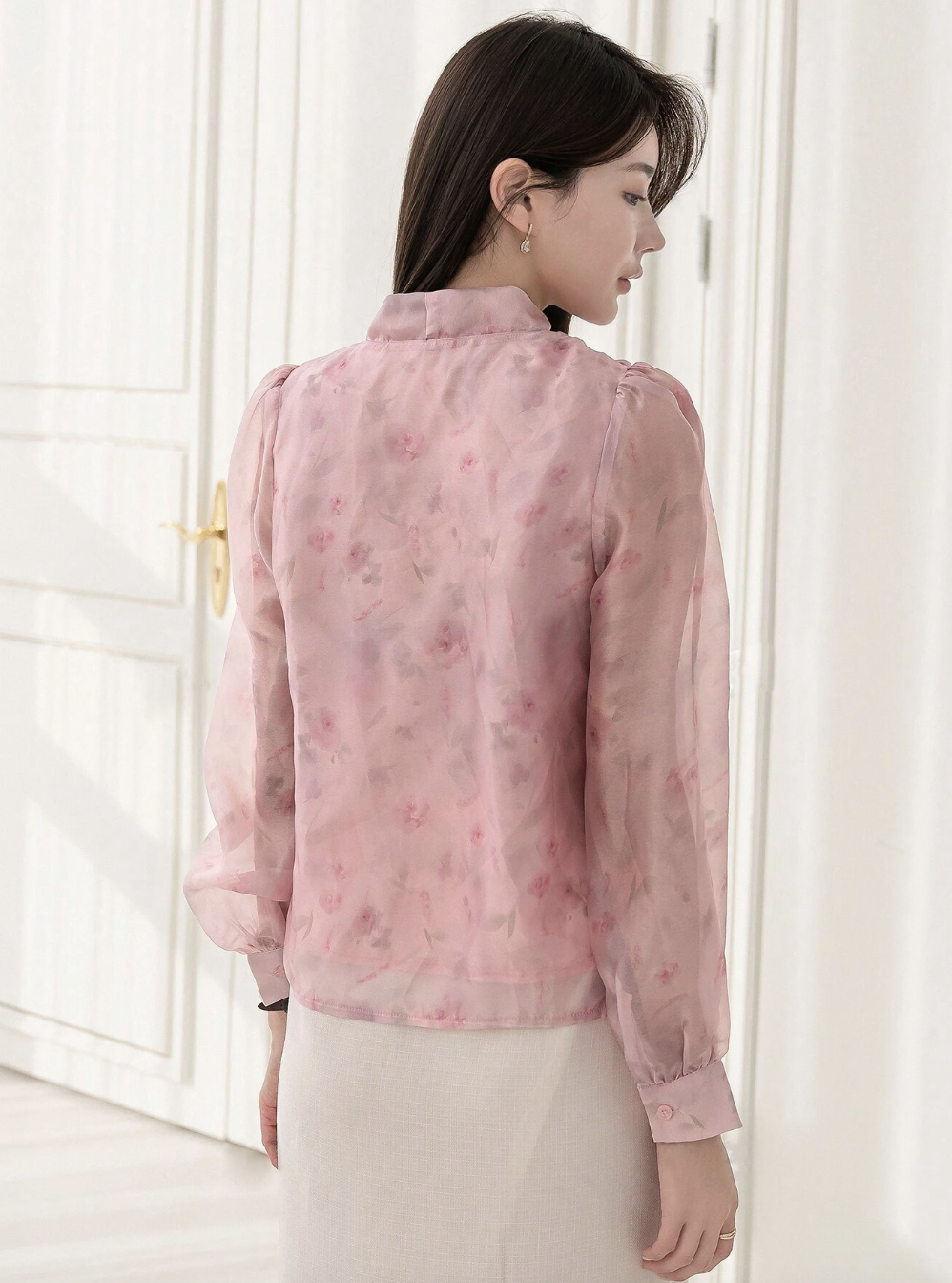 Floral Print Collar Bow Tie Design Long Sleeve T-shirt