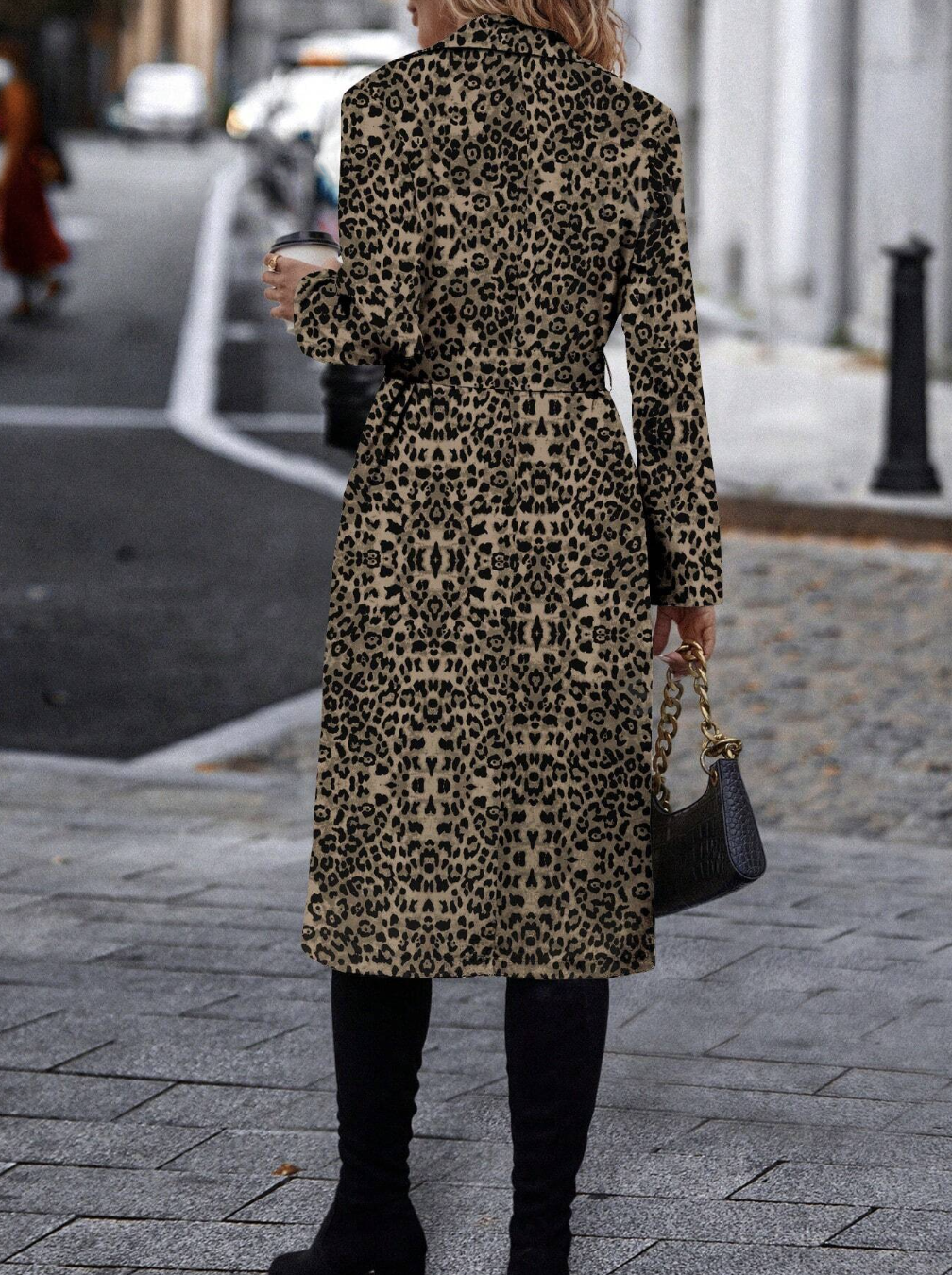 Cinched Waist Leopard Print Trench Long Coat