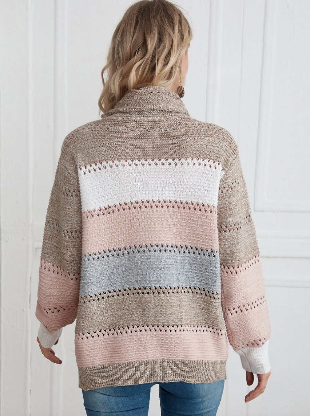 Color Block Cowl Neck Pointelle Knit Sweater