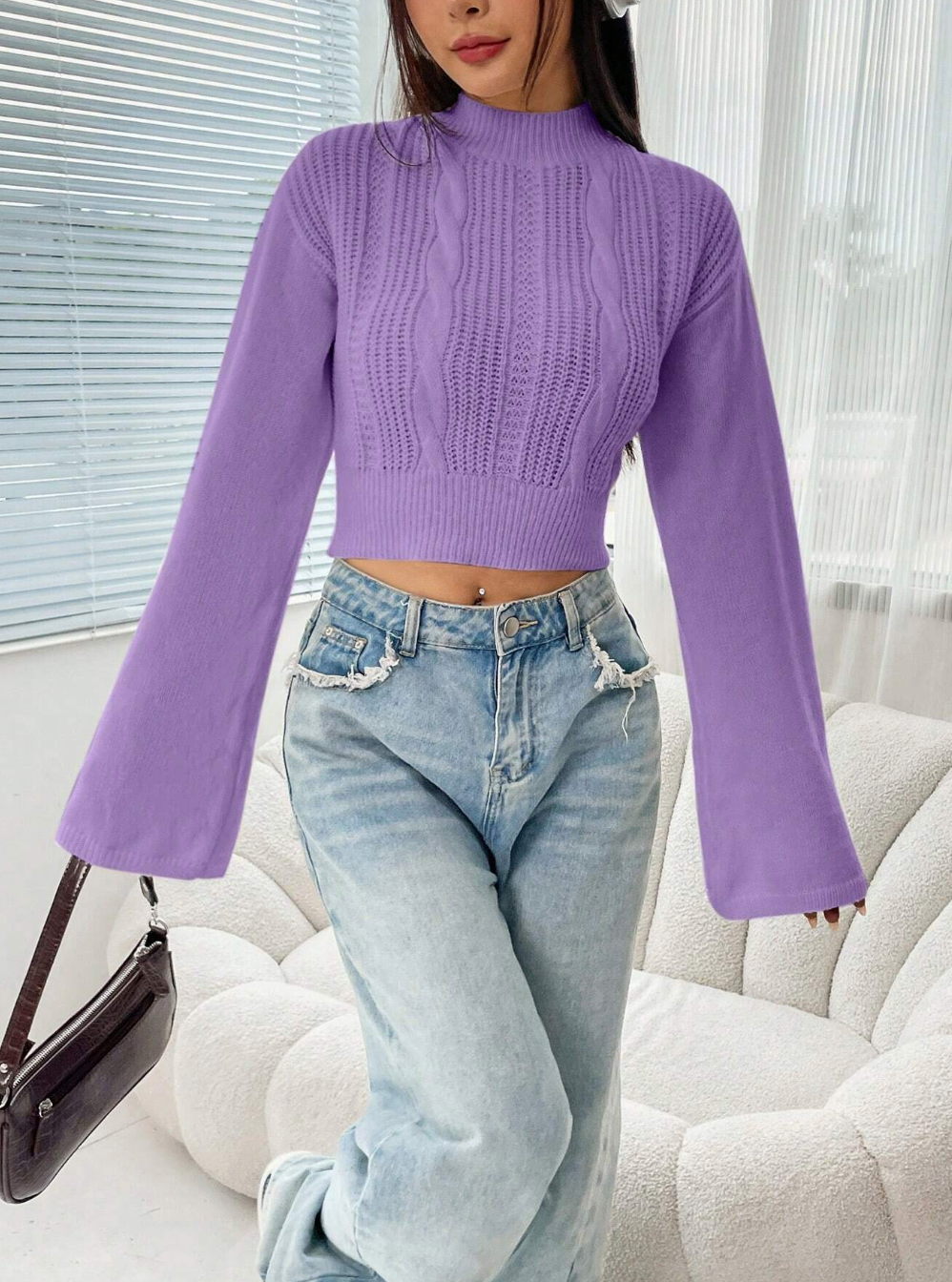 Stand Collar Long Sleeve Cropped Sweater