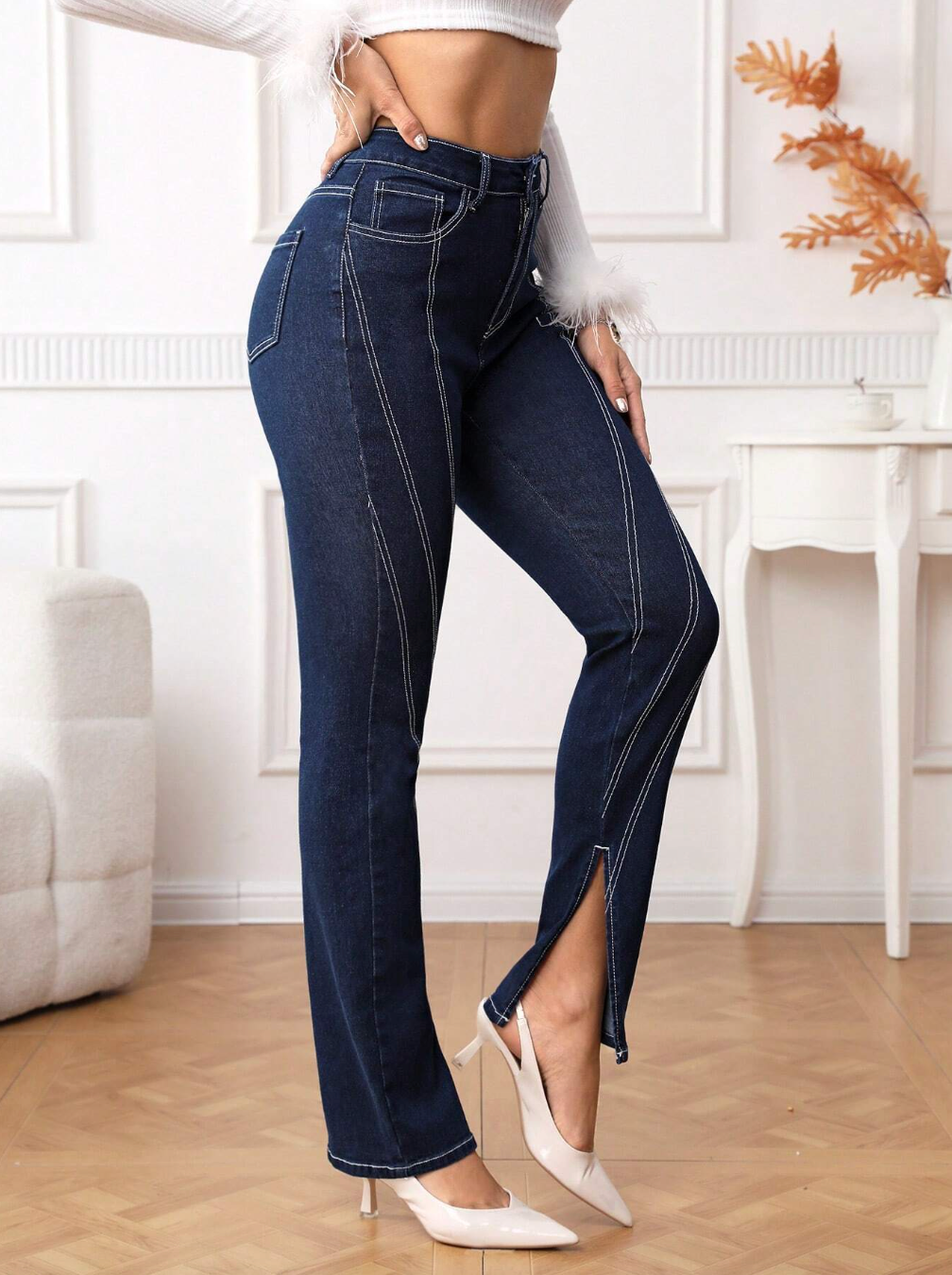 Outer Seam Slit Hem Jeans