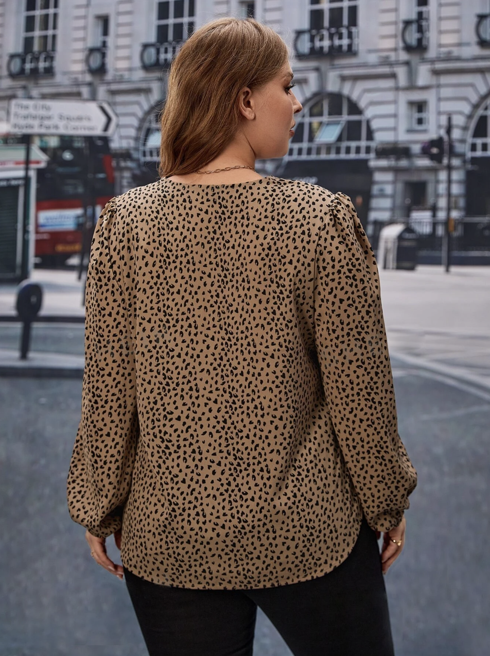 Plus Size Leopard Print Lantern Sleeve Blouse