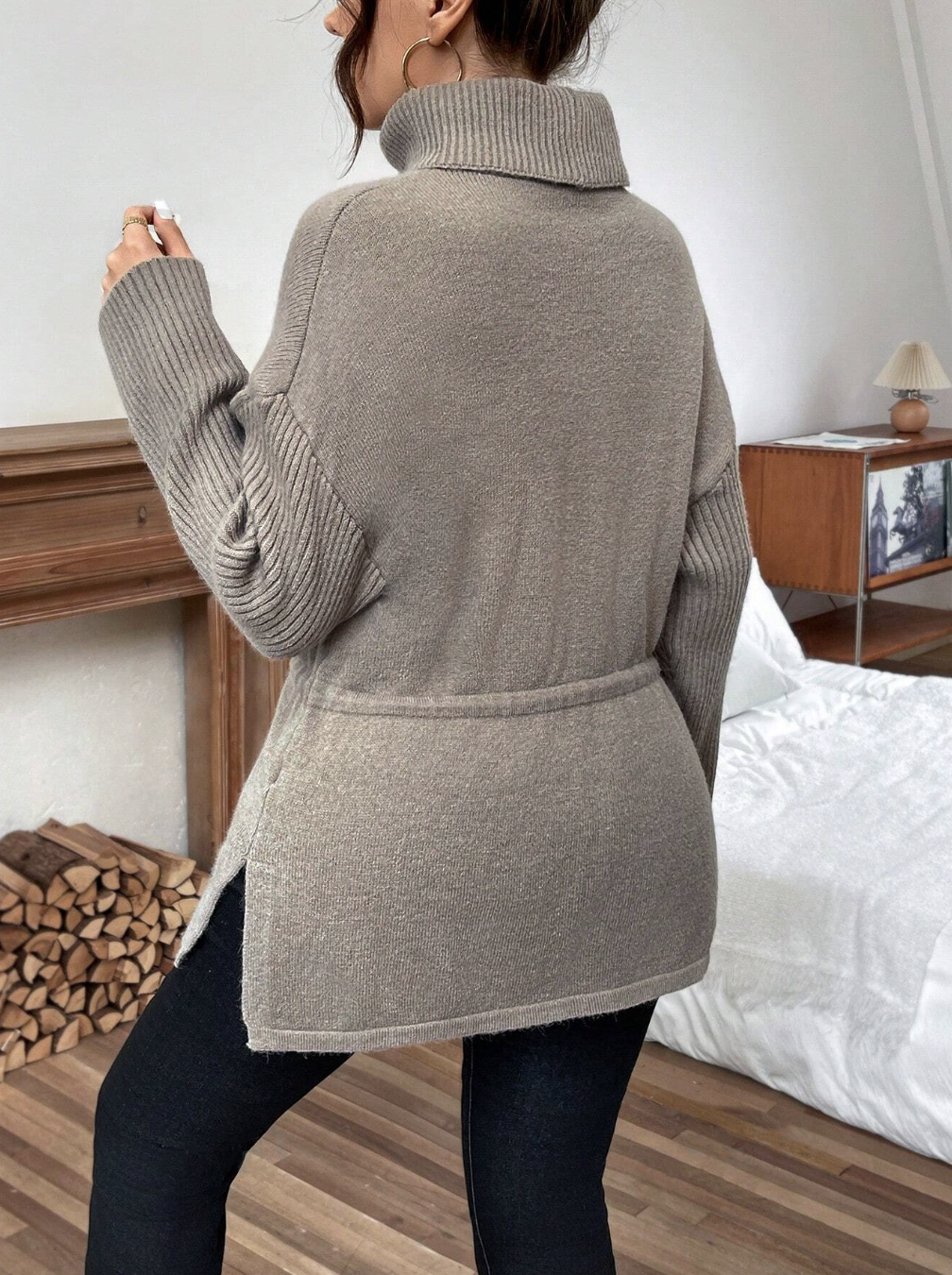 Plus Size Solid Color Turtleneck Long Sleeve Tie-Waist Casual Sweater