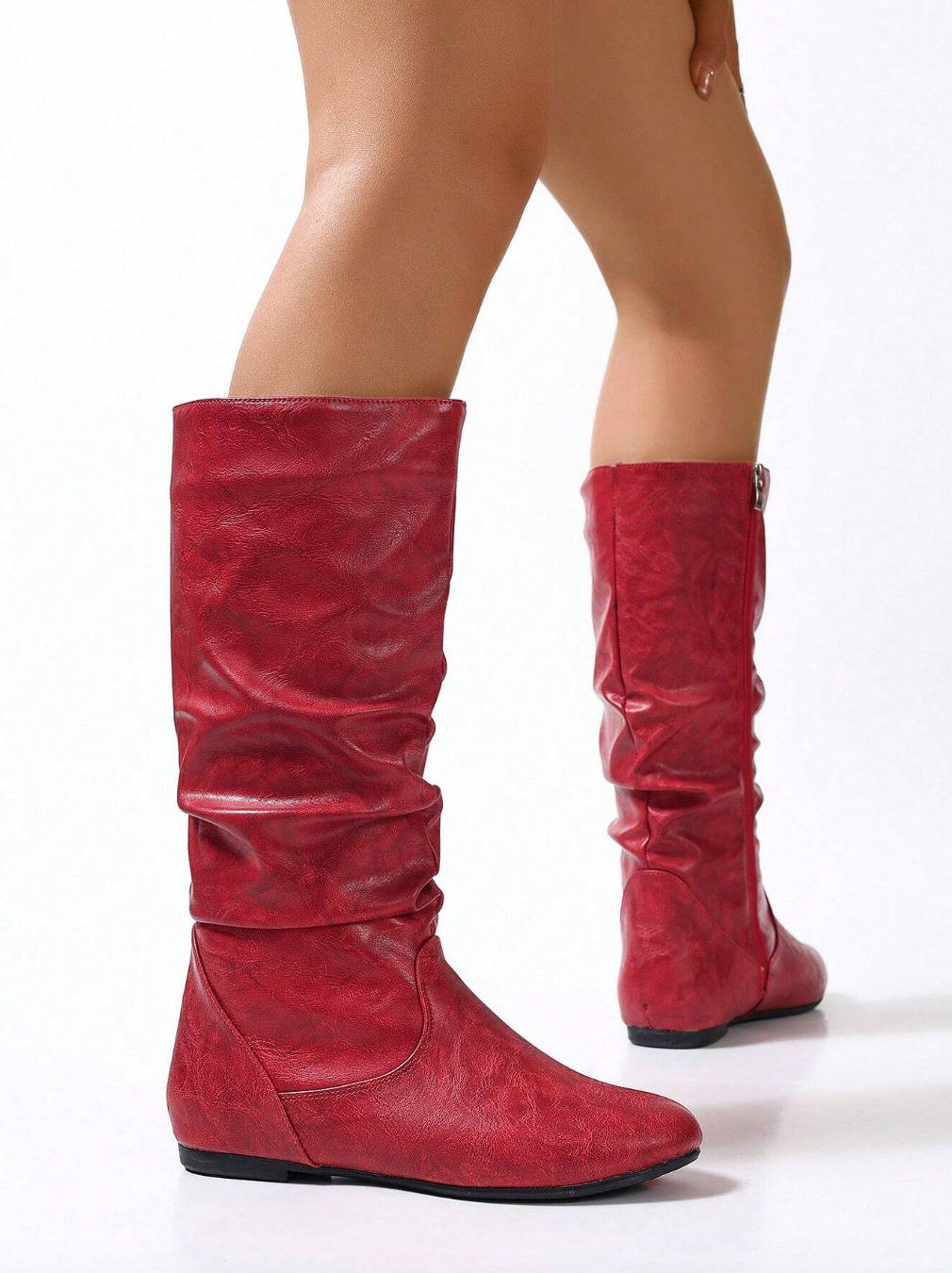 Red Pleated Round Toe Side Zipper Boots