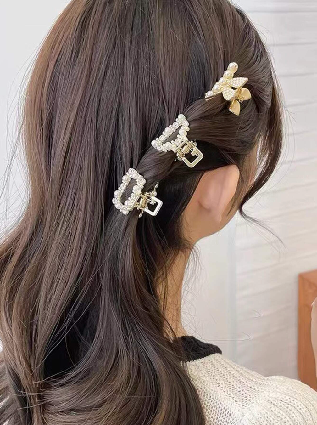 6pcs Metal Faux Pearl Rhinestone Hair Claws