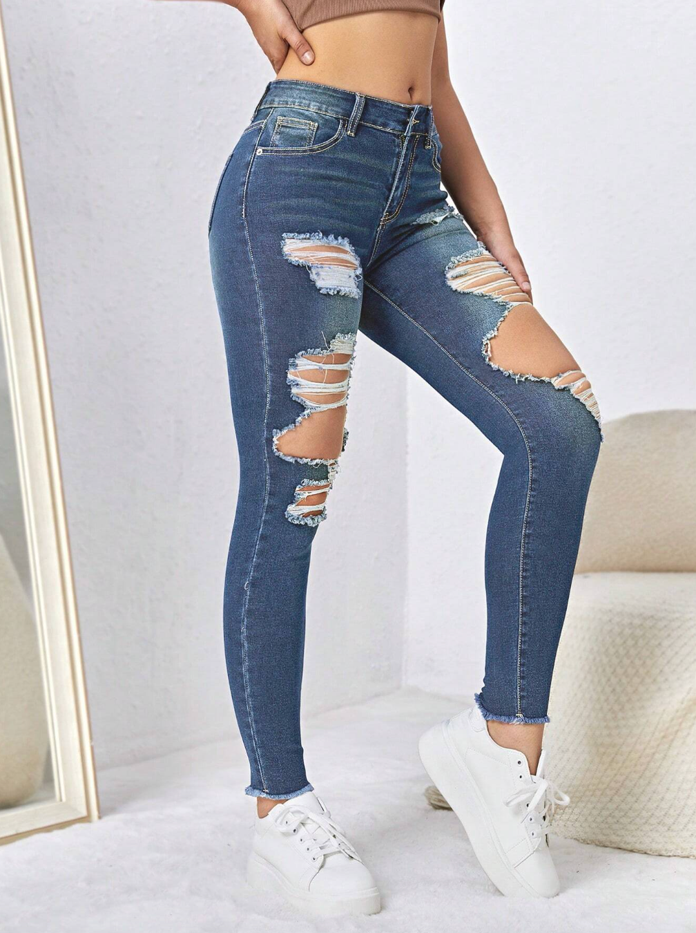 Distressed Hem Ribbed Jeans