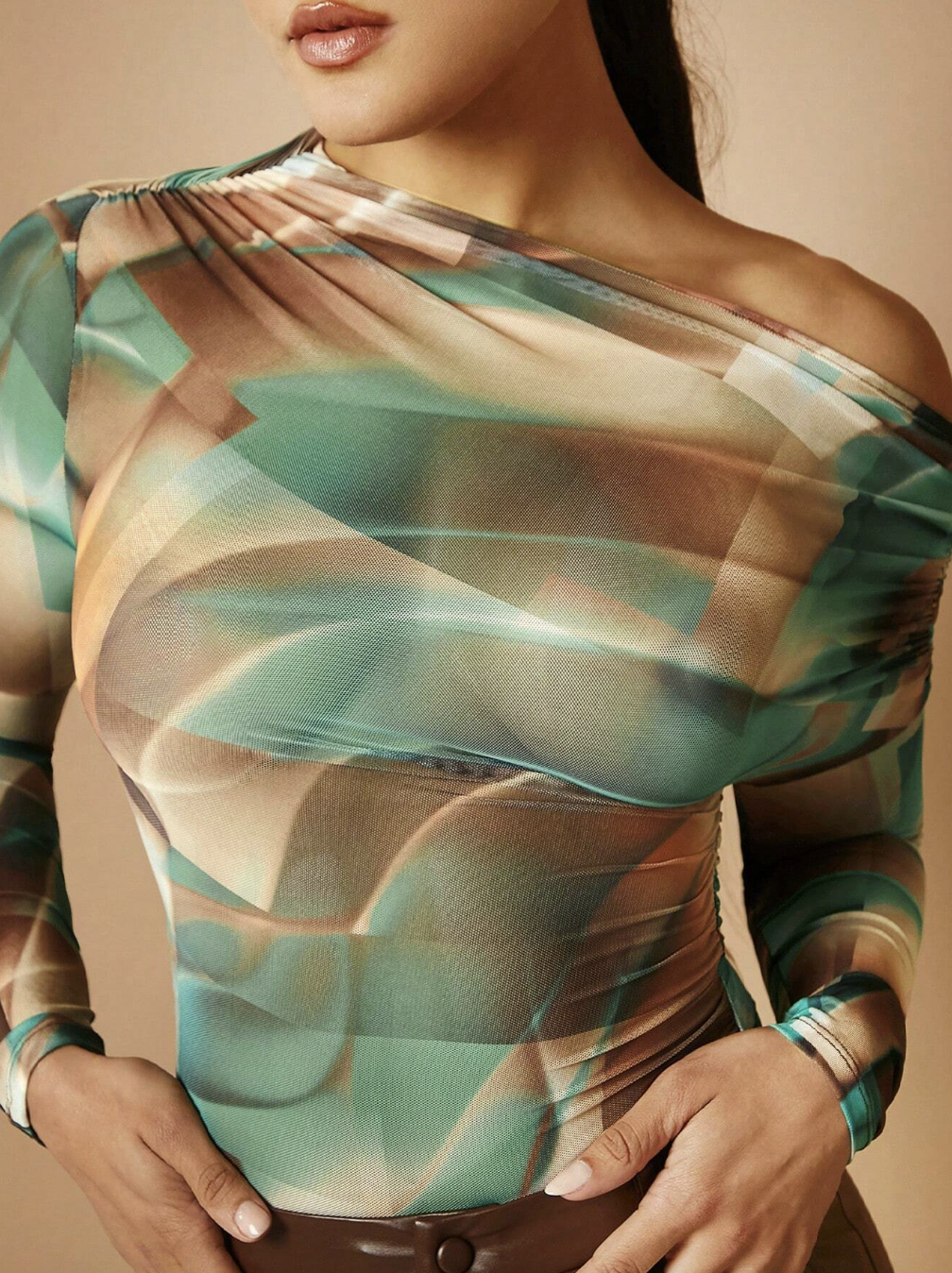 Allover Print Asymmetrical Neck Mesh Top