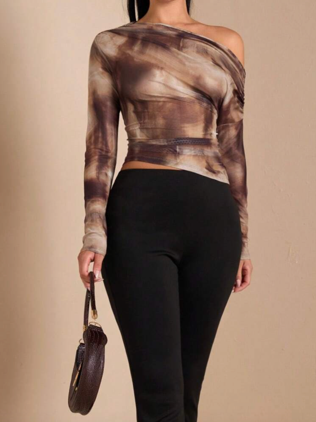 Asymmetric Shoulder Brown Coffee Tie-Dye Printed Top