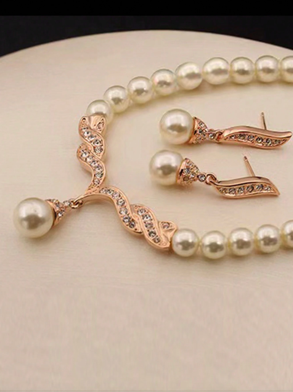 Glass Pearl With Rhinestones Necklace Earring Set