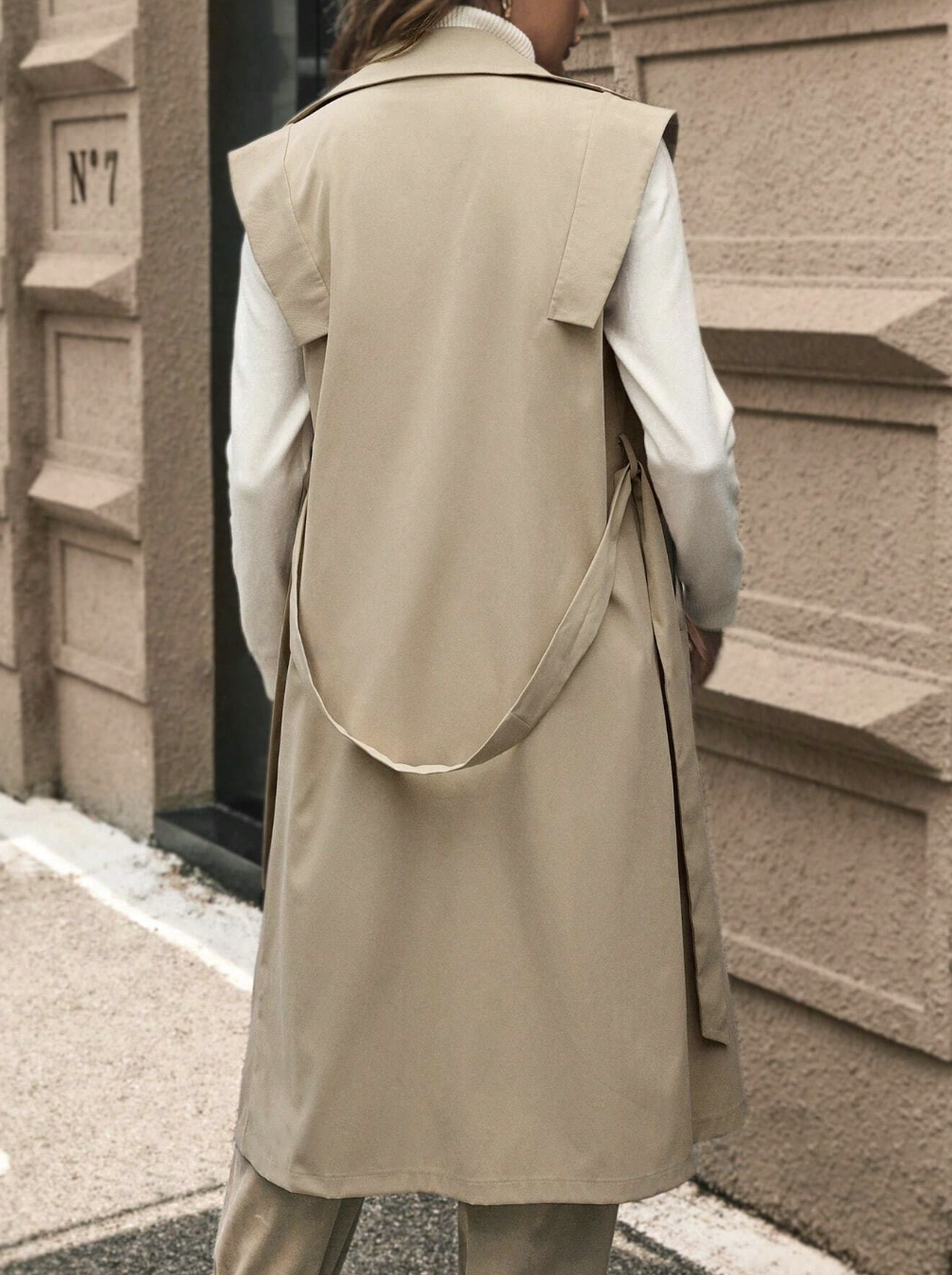 Solid Color Double-Breasted Long Sleeveless Trench Coat