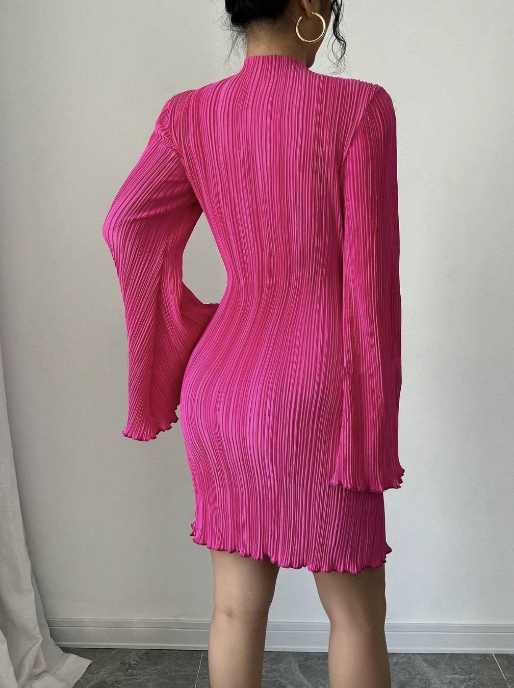 Solid Color Stand Collar Bell Sleeve Pleated Bodycon Elegant Dress