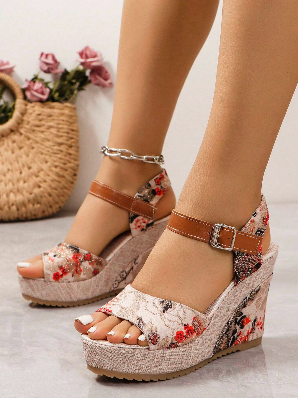 Open Toe Sandals With Ankle Strap Buckle Wedge Heel
