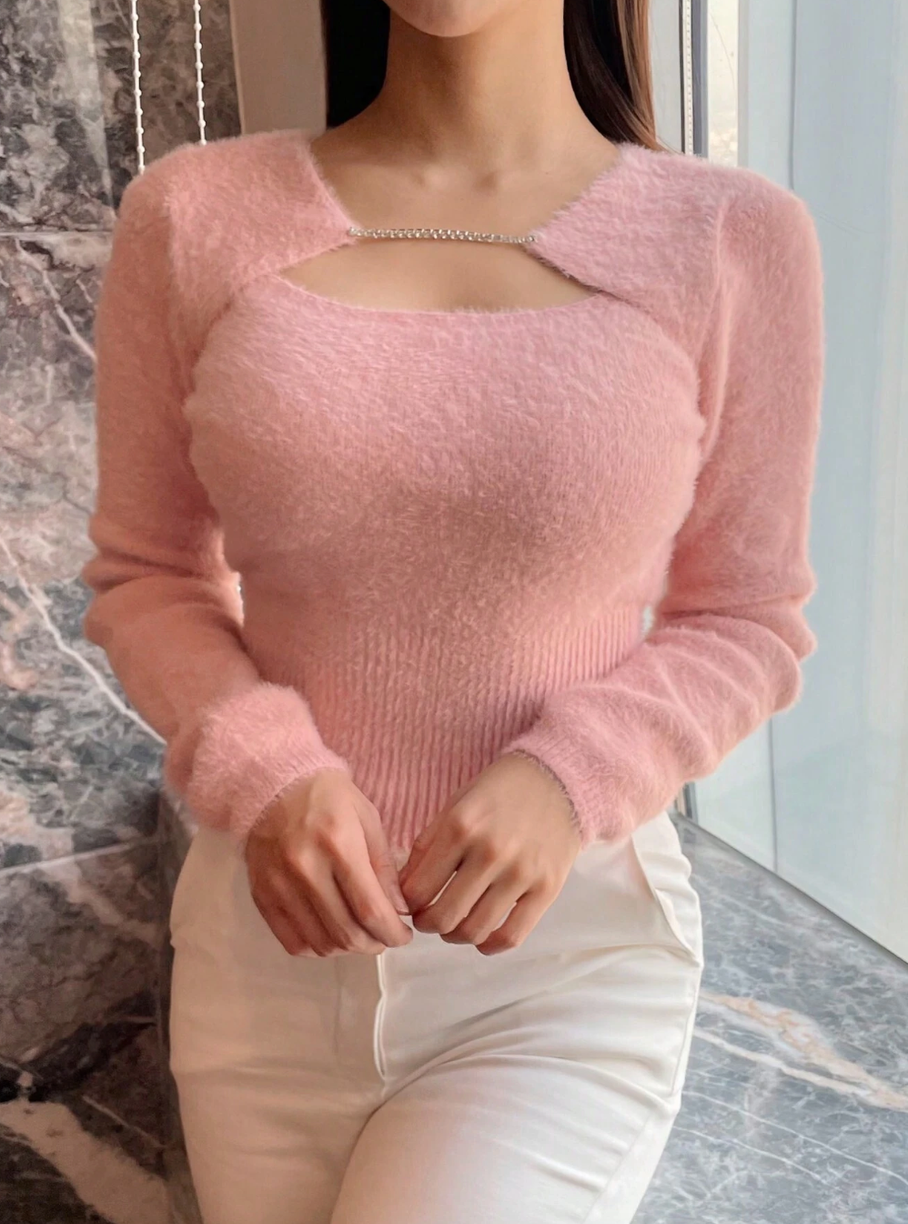 Cut Out Front Fluffy Knit Sweater