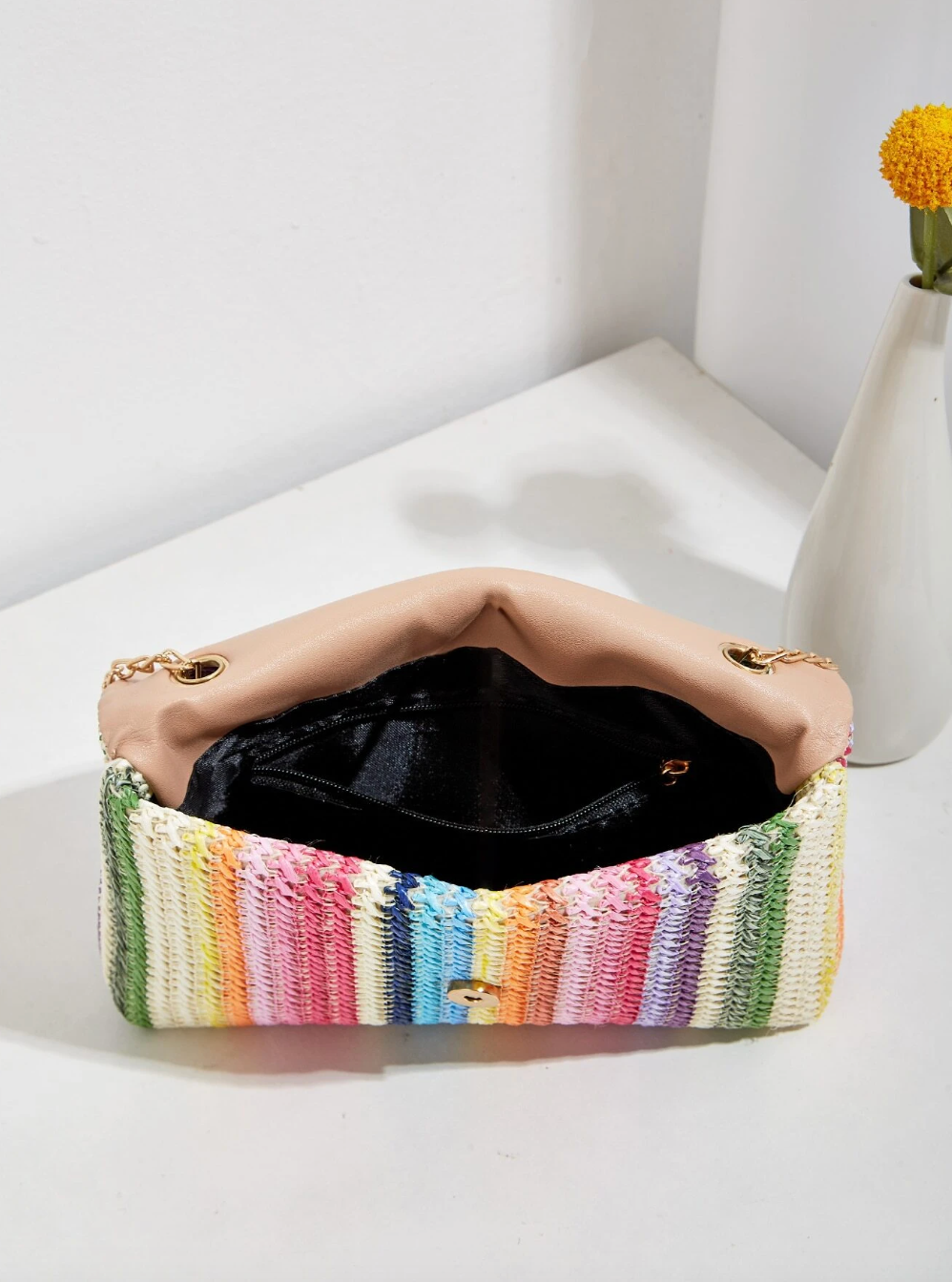 Striped Color Block Faux Pearl Decor Flap Chain Straw Bag