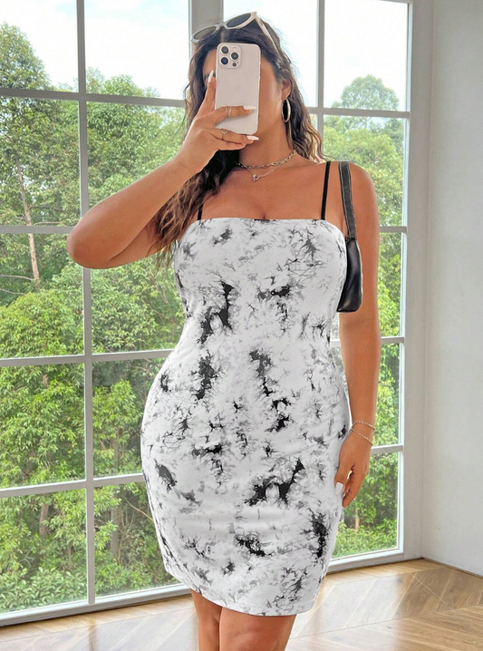 Plus Size Knit Tie-Dyed Printed Sleeveless Dress