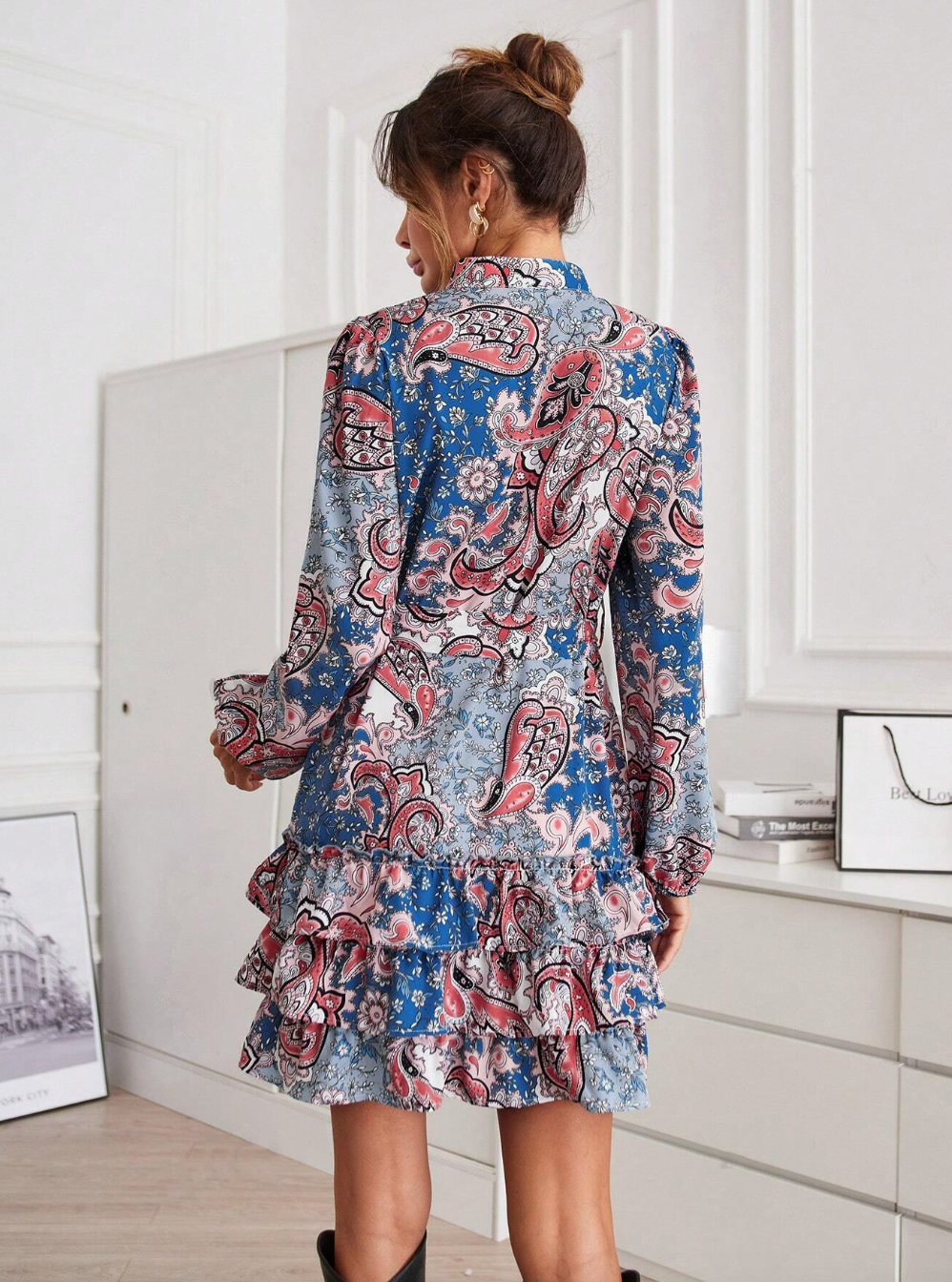 Lantern Sleeve Ruffle Hem Belted Floral Dress