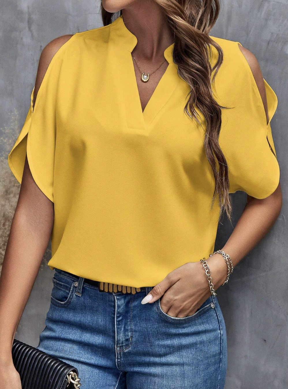 Cold Shoulder Notched Neck T-Shirt