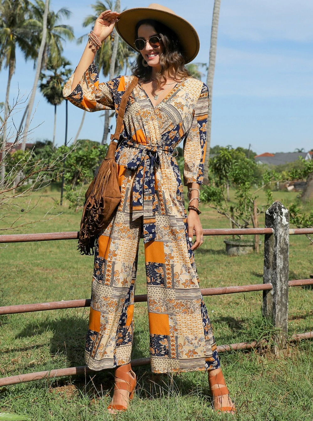 Patchwork Print Belted Wide Leg Jumpsuit