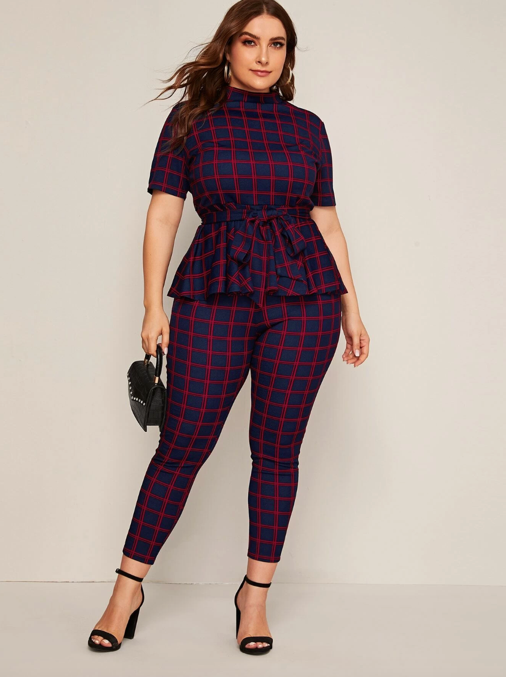 Plus Size Mock Neck Belted Plaid Top  & Leggings Set