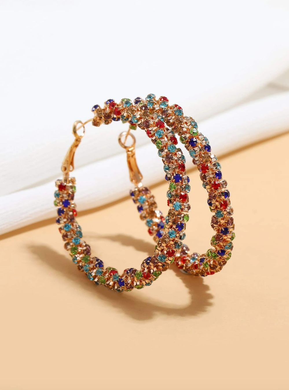 1pair Random Color Rhinestone Decor Hoop Earrings