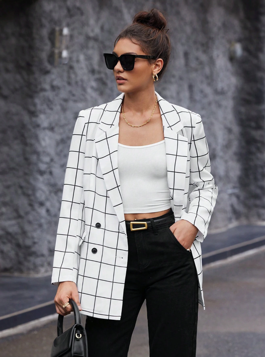 Plaid Print Double Breasted Blazer Without Belt