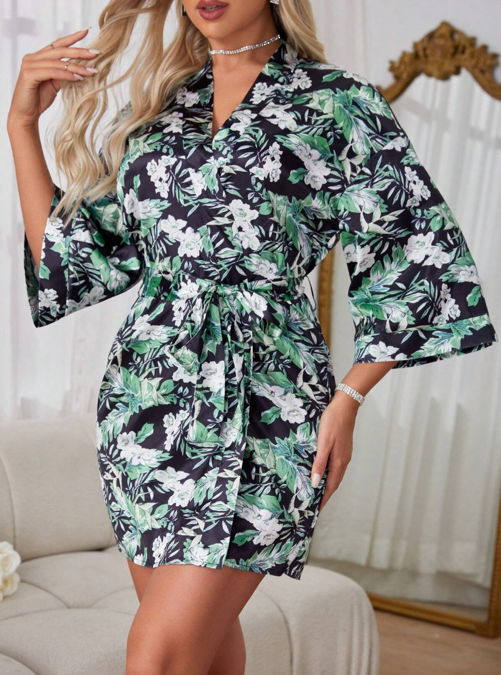 Leaf & Flower Print Knee Length Robe Night Dress