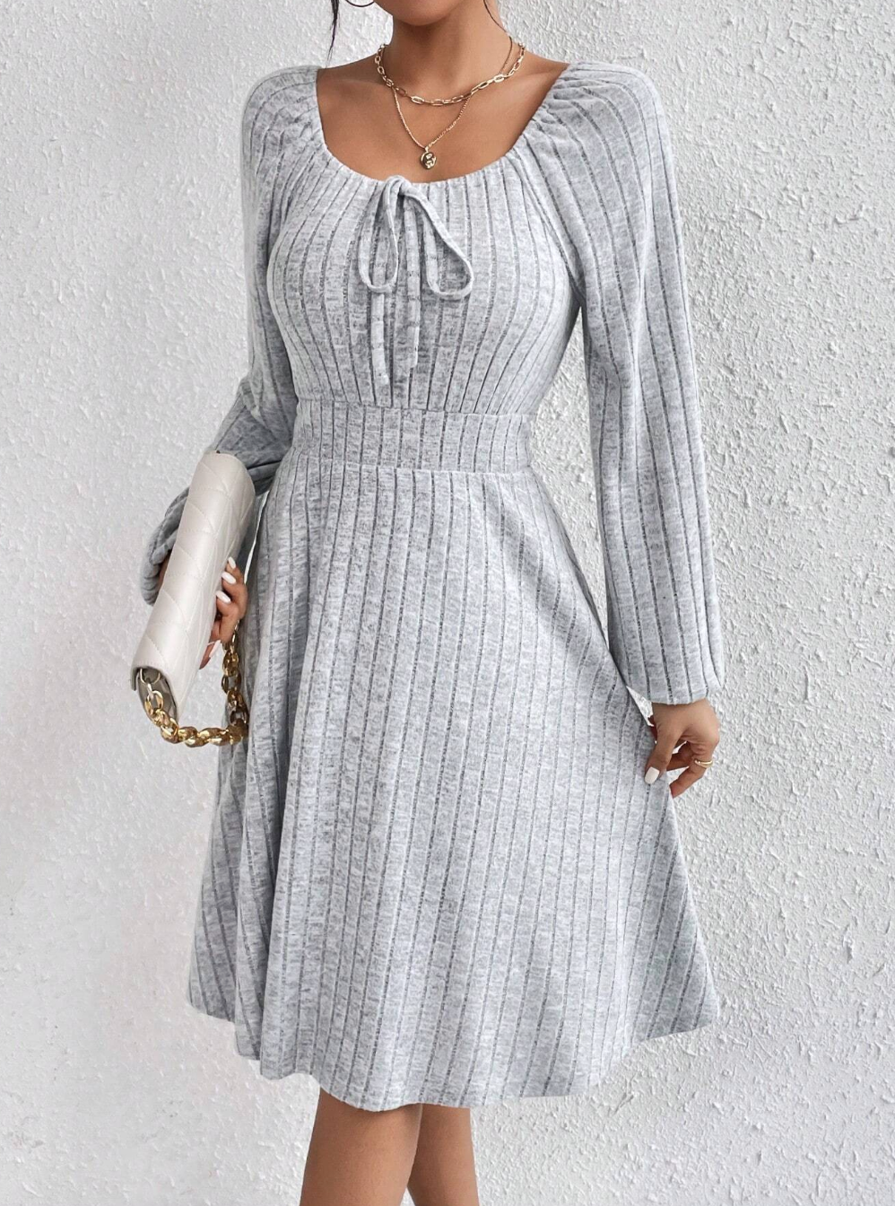 Knot Front Raglan Sleeve A-line Body Fitted Dress