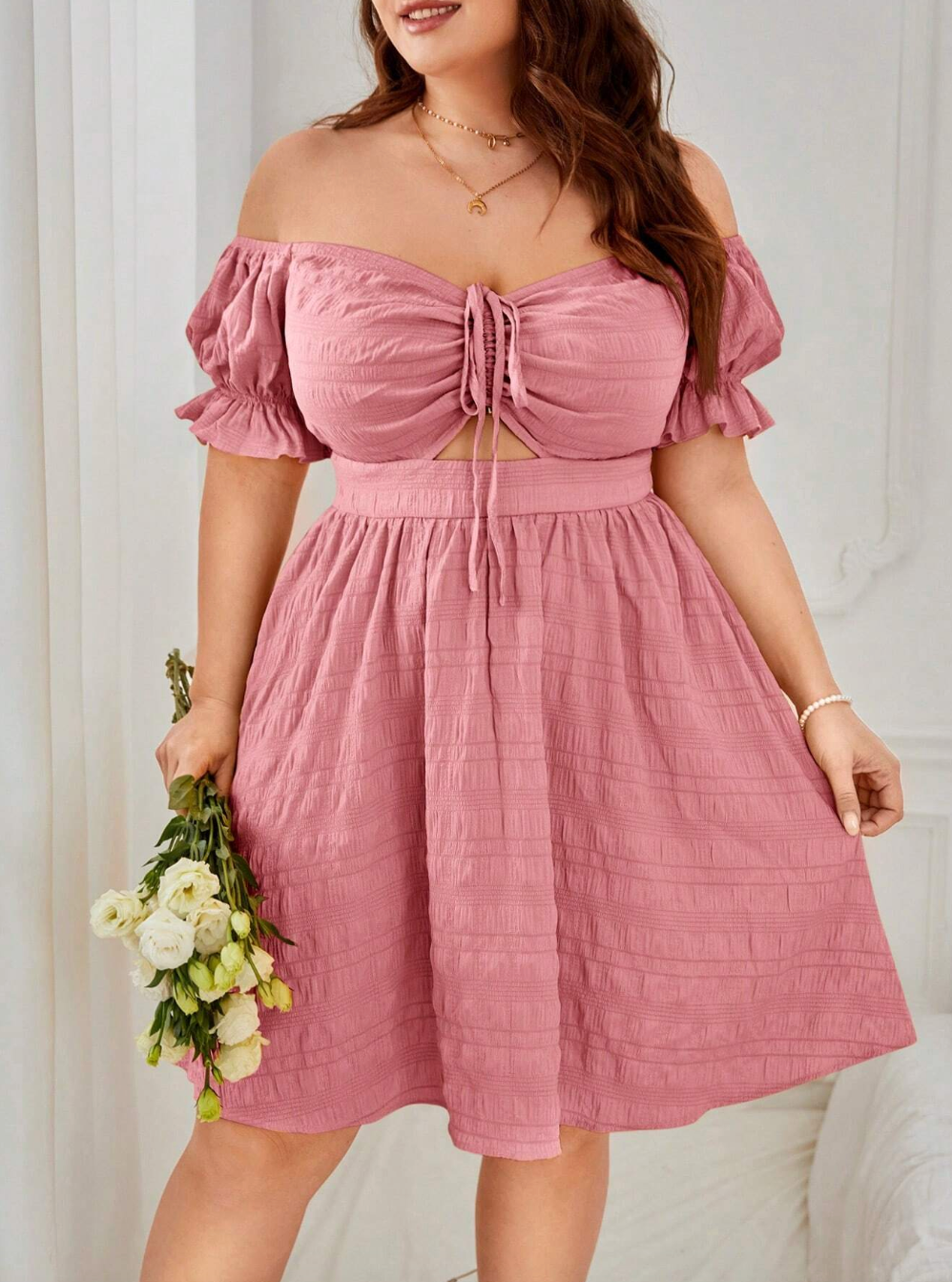 Plus Size Solid Color One Shoulder Dress With Drawstring Waist And Hollow Out Design