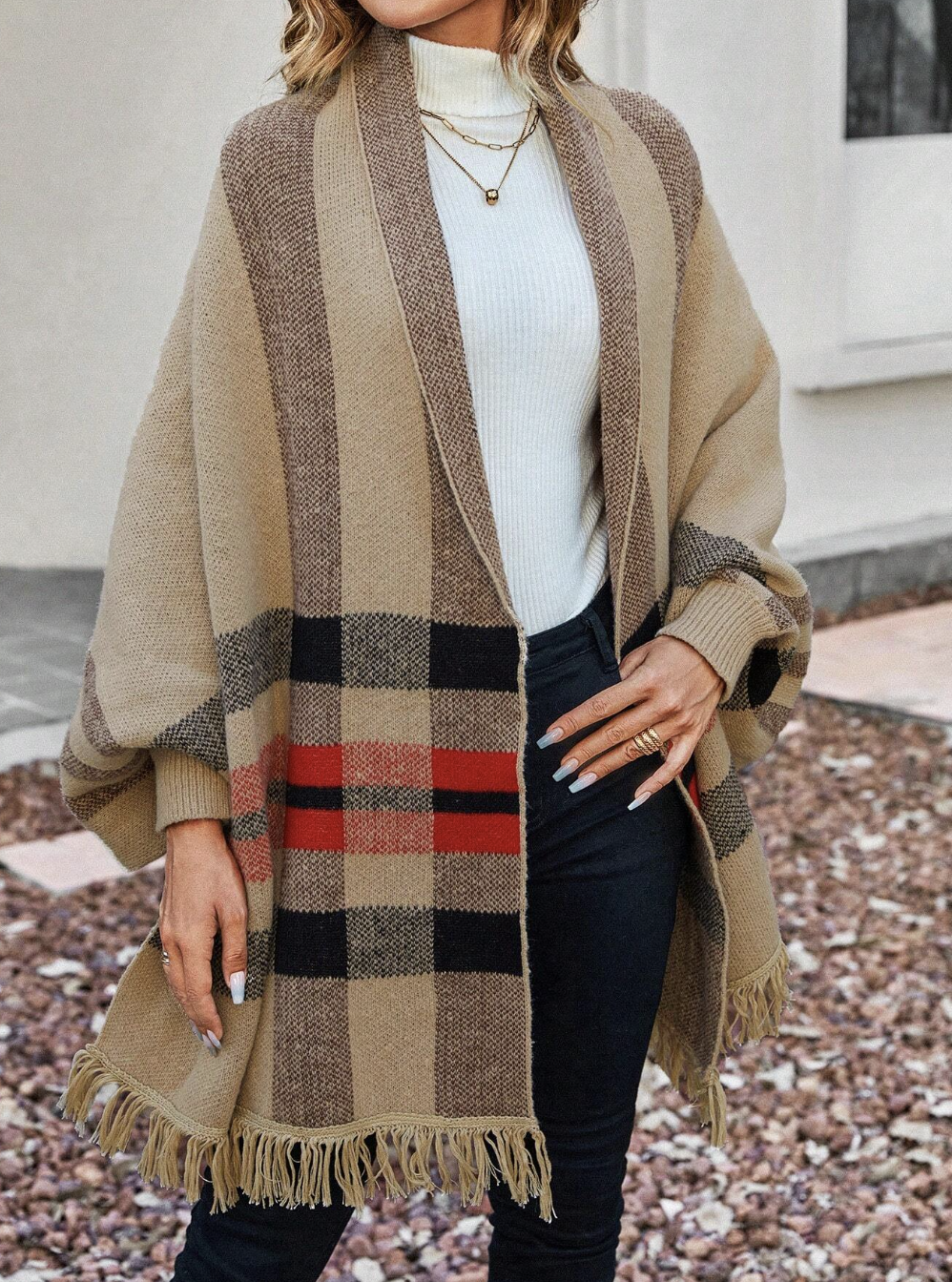 Plaid Batwing Sleeve Cardigan