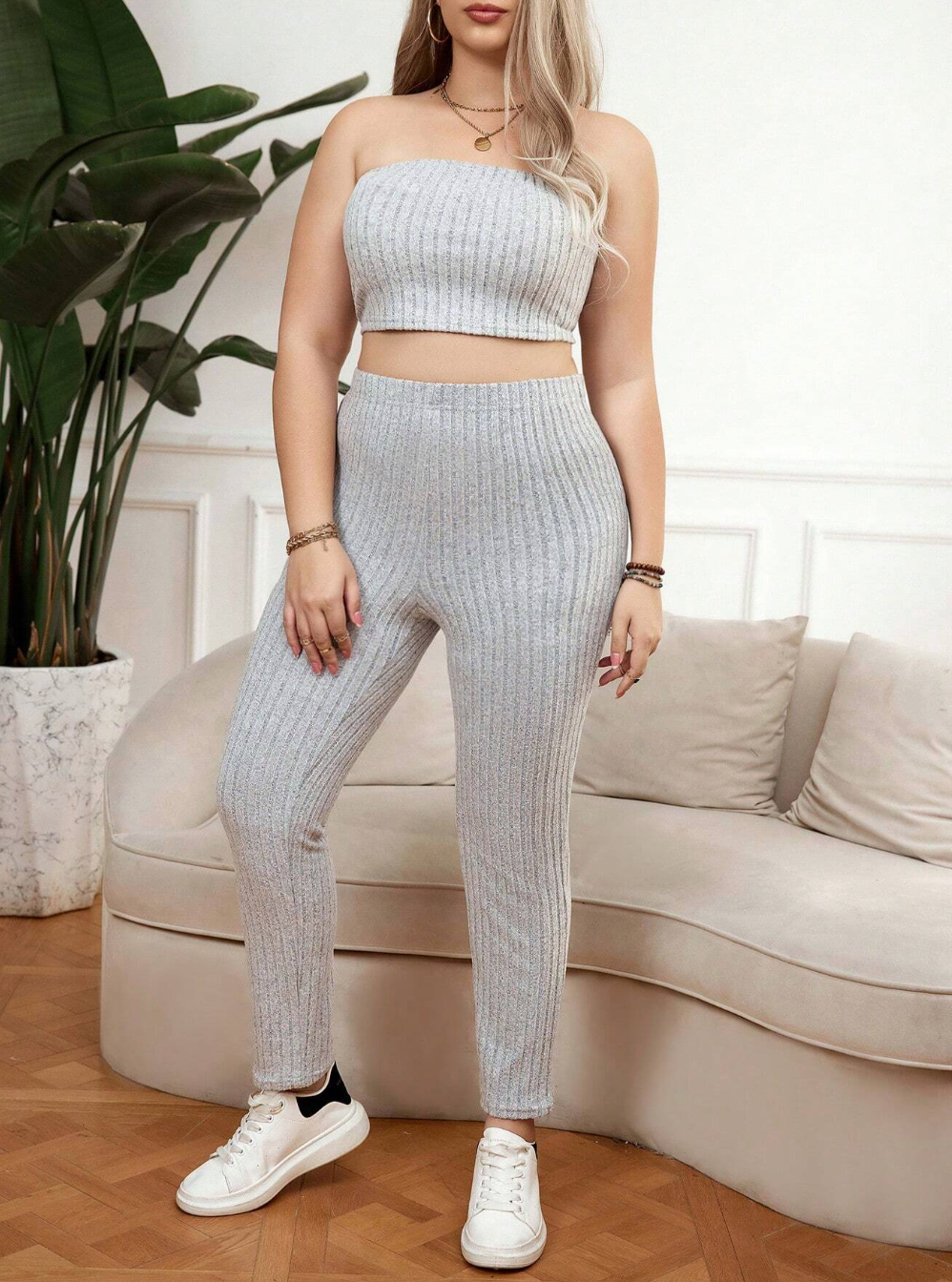 Plus Size Solid Color Ribbed Knit 3 Piece Set Dress