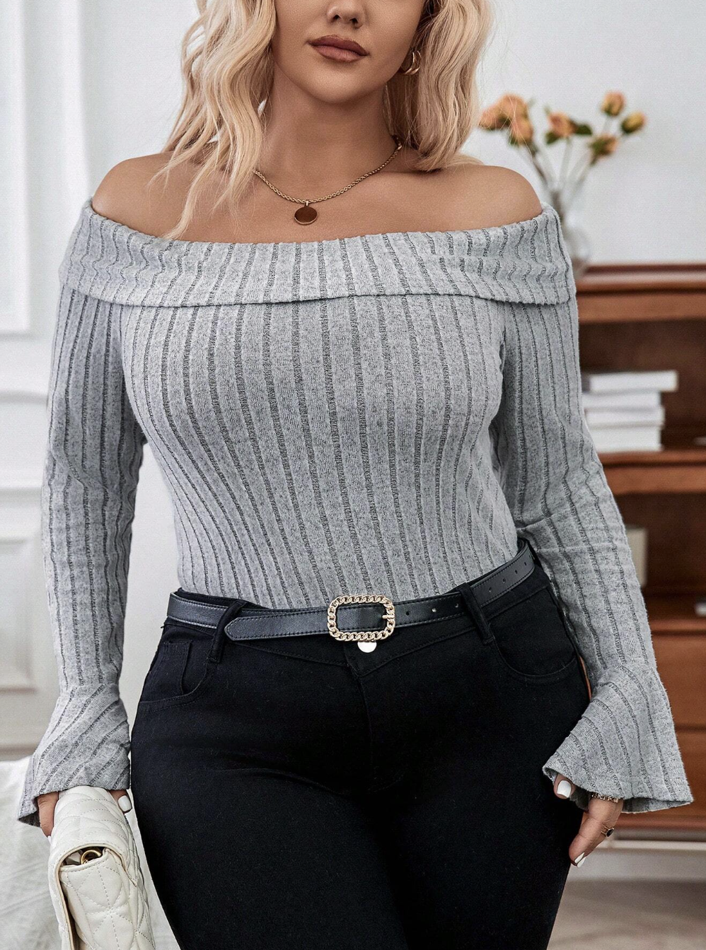 Off Shoulder Vertical Stripe Versatile Plus Size T-Shirt