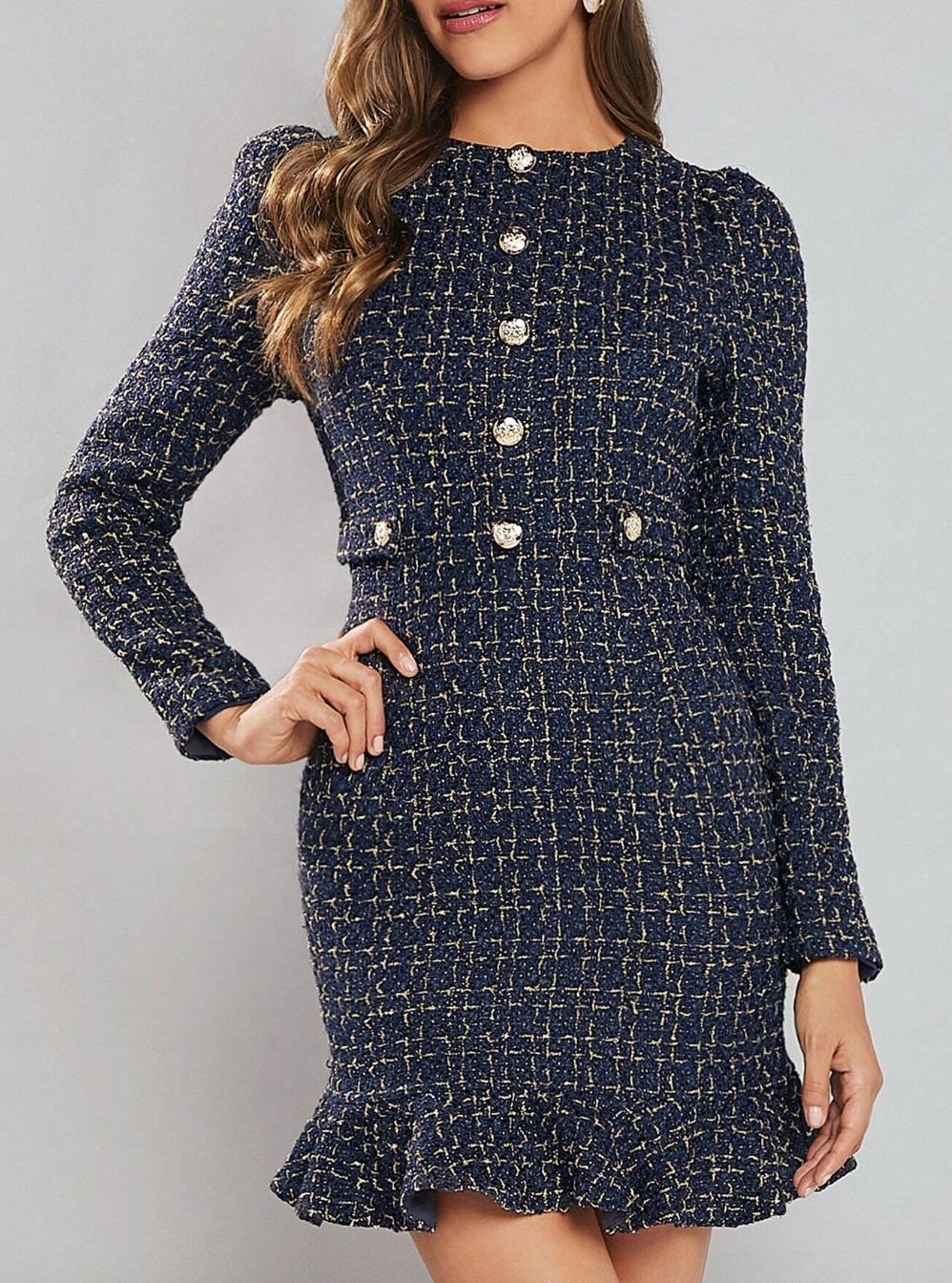 Plaid Pattern Ruffle Body Fitted Dress