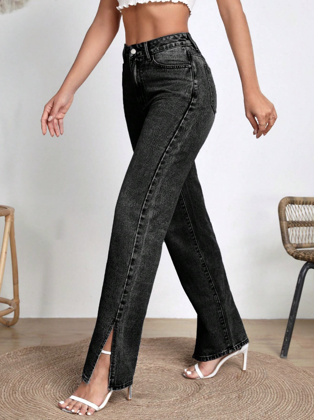 Solid Hem Straight Leg Jeans