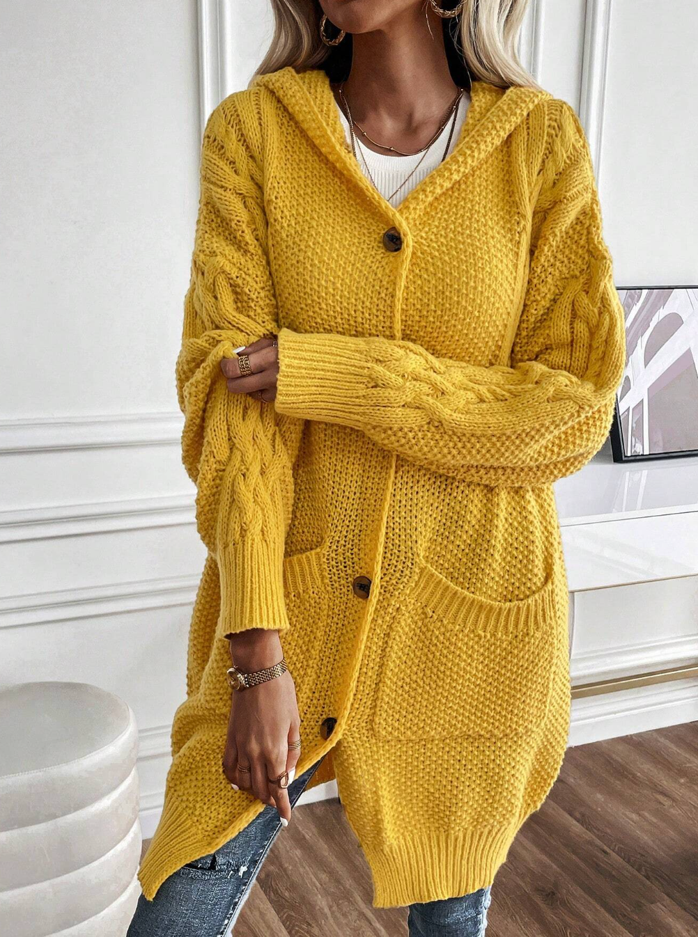 Dual Pocket Drop Shoulder Cable Knit Hooded Cardigan