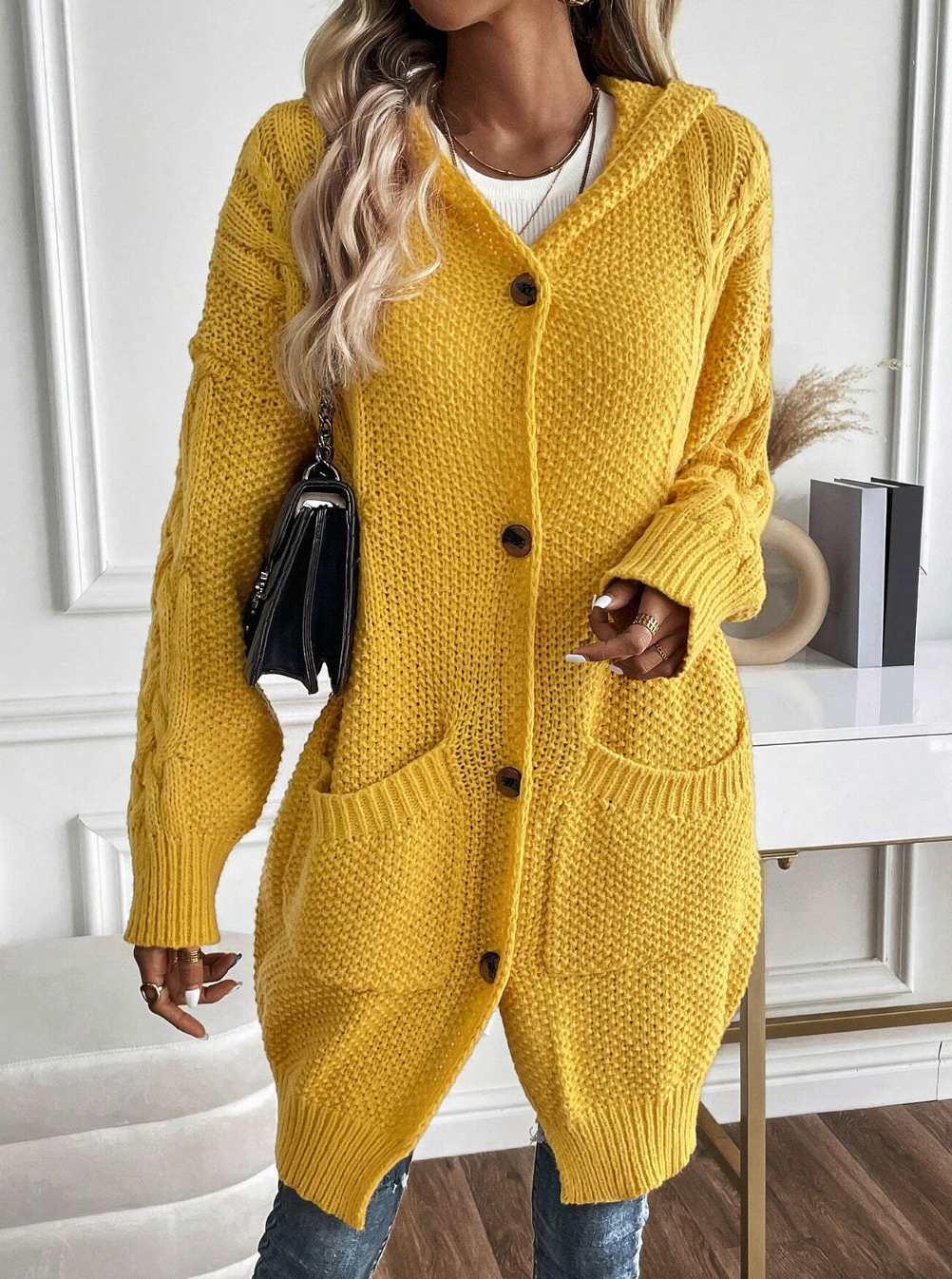 Dual Pocket Drop Shoulder Cable Knit Hooded Cardigan