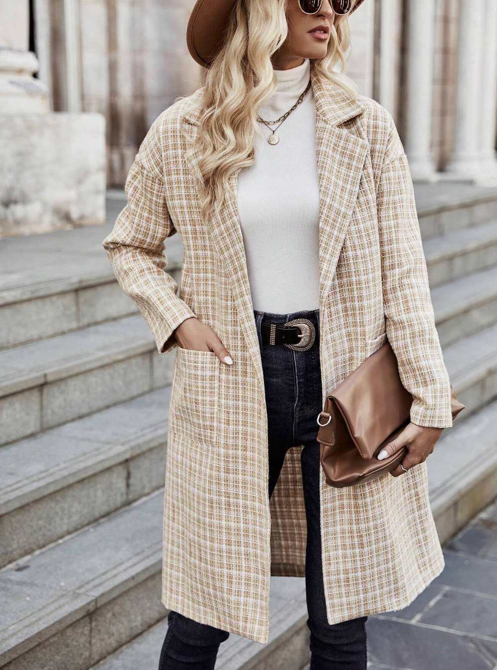 Plaid Dual Pocket Drop Shoulder Tweed Winter Overcoat