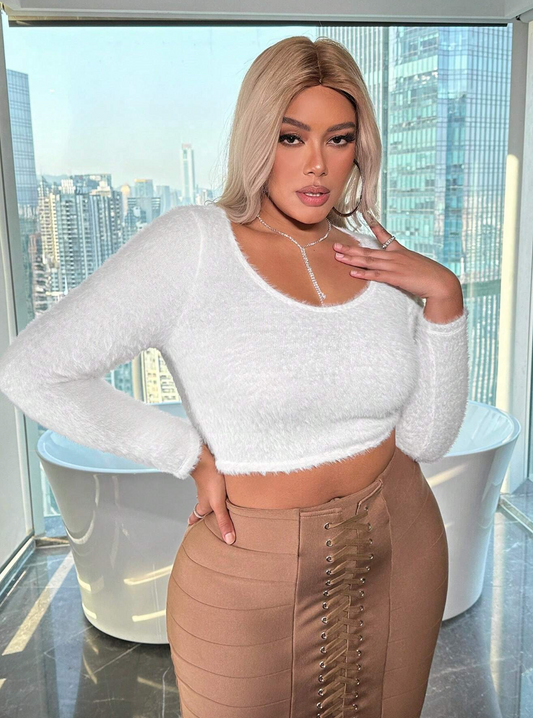 Plus Size Long Sleeve Plush Cropped Sweater T-Shirt