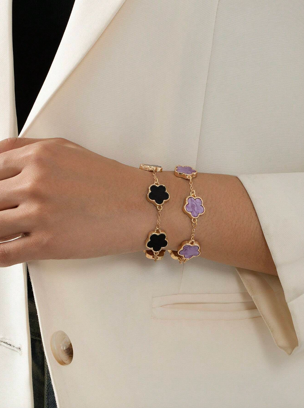 2pcs/Set Fashionable Classic Black And Purple Shamrock Bracelet