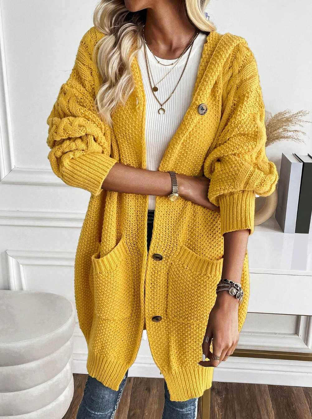 Dual Pocket Drop Shoulder Cable Knit Hooded Cardigan