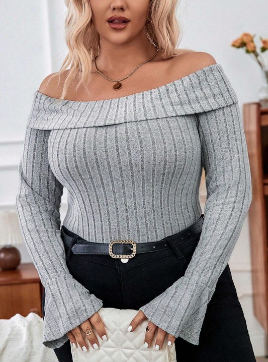 Off Shoulder Vertical Stripe Versatile Plus Size T-Shirt